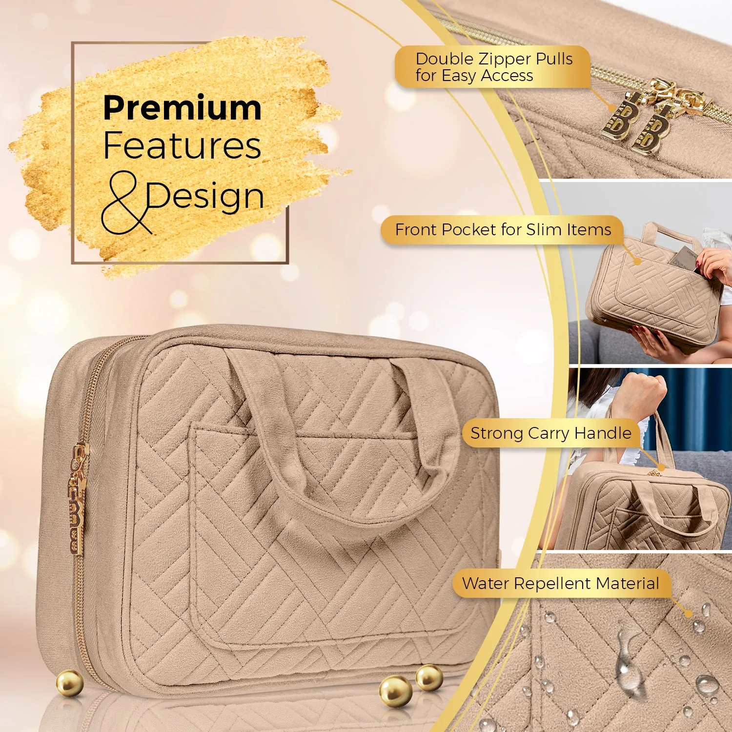 Medium Foldable Hanging Toiletry Bag - Camel Brown