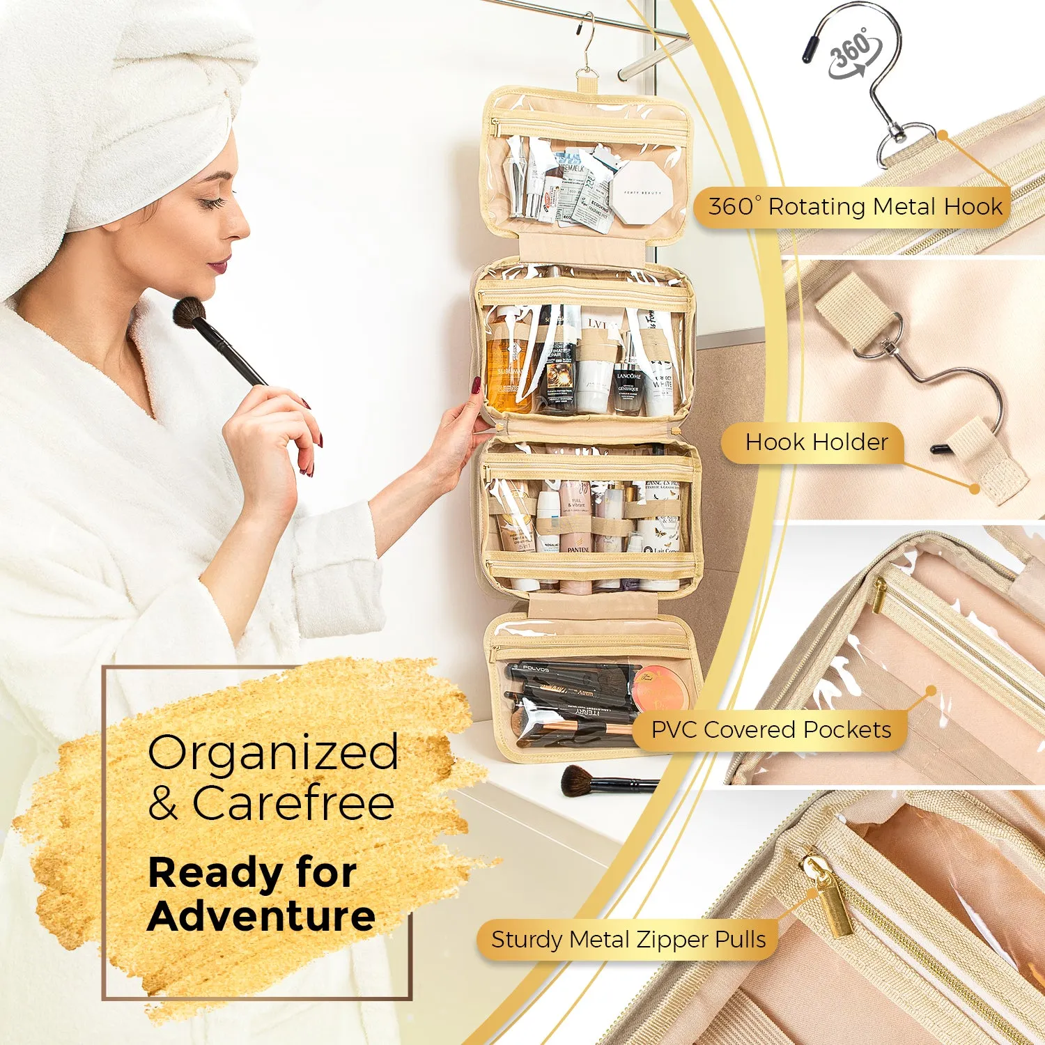 Medium Foldable Hanging Toiletry Bag - Camel Brown