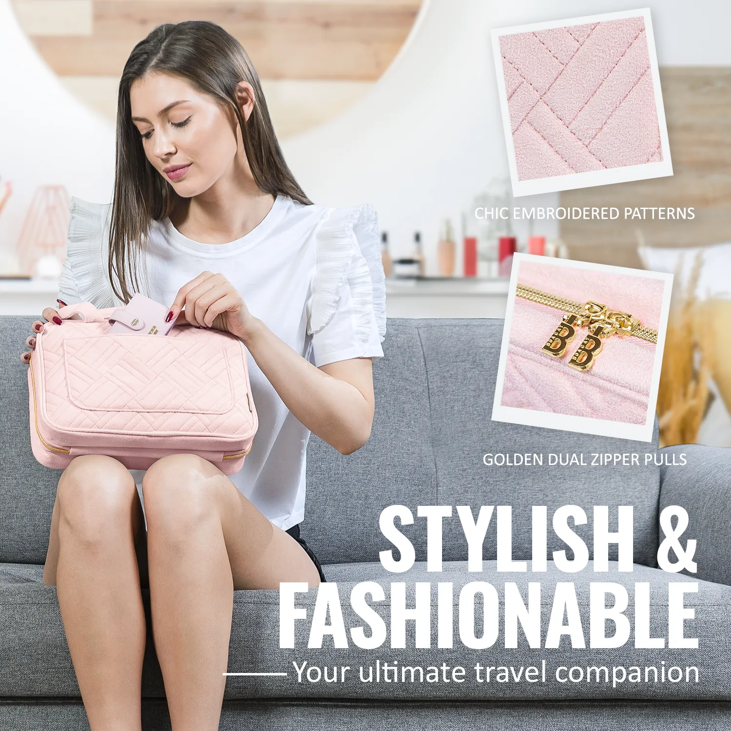 Medium Foldable Hanging Toiletry Bag - Heavenly Pink