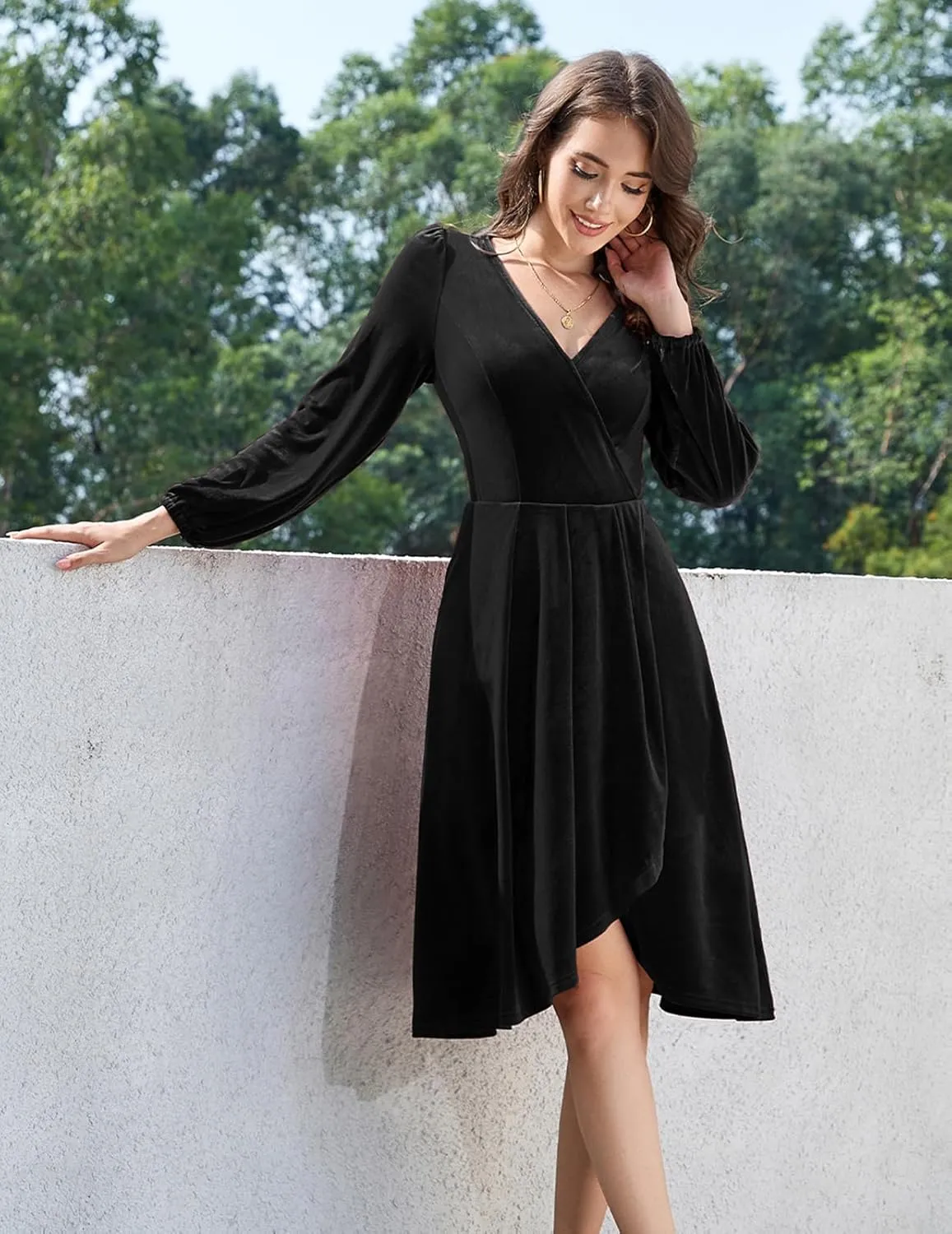 Meetjen Women's V Neck Velvet Formal Long Sleeve Dresses Flowy Fall High Low Elegant 2024 Midi Winter Cocktail Party Dress