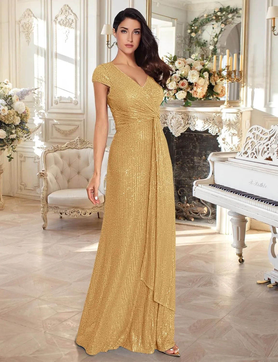 meilun Short Sleeve Sequin Dress for Women Formal Evening Gowns Sparkly V Neck 1920s Long Dress