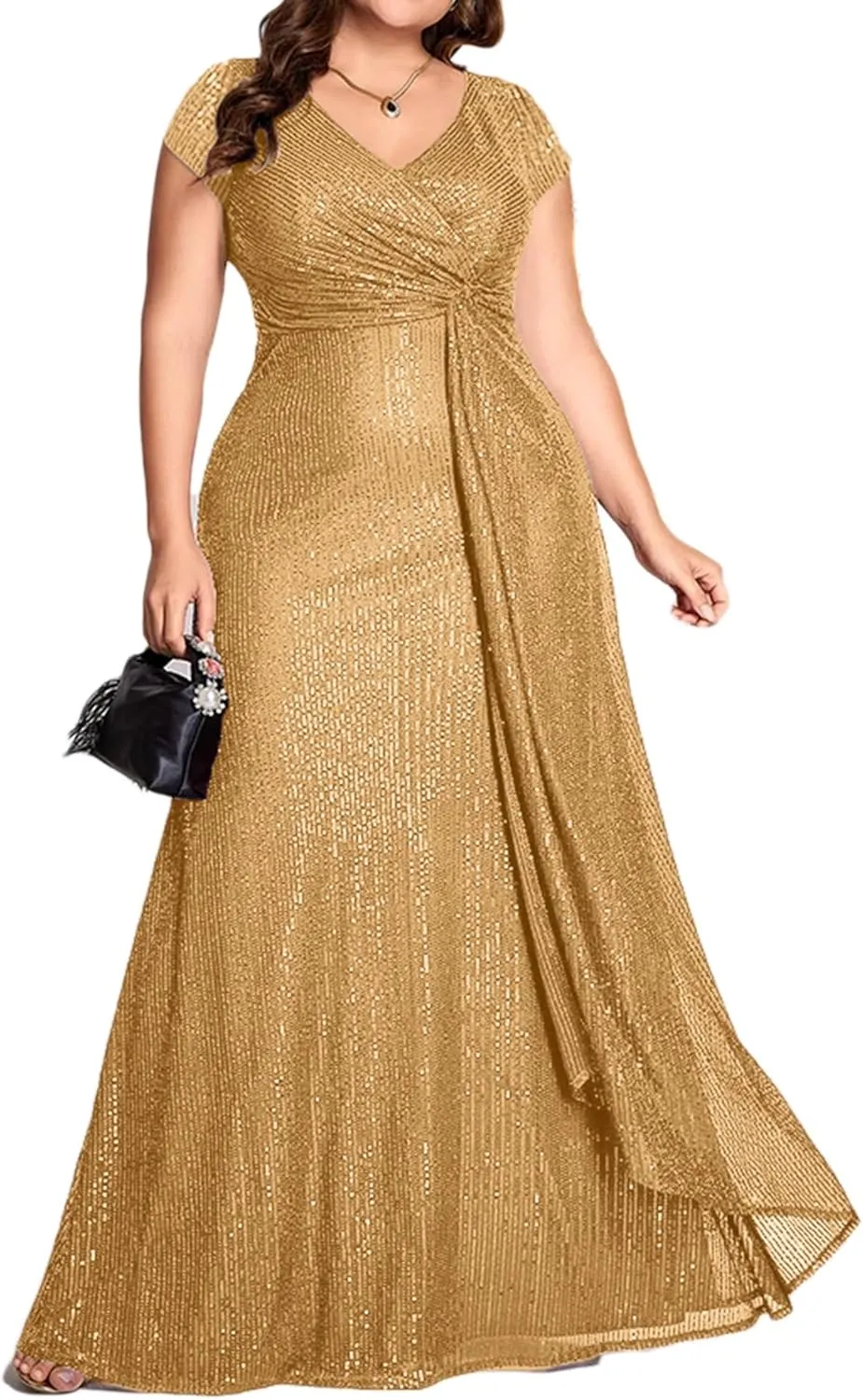 meilun Short Sleeve Sequin Dress for Women Formal Evening Gowns Sparkly V Neck 1920s Long Dress