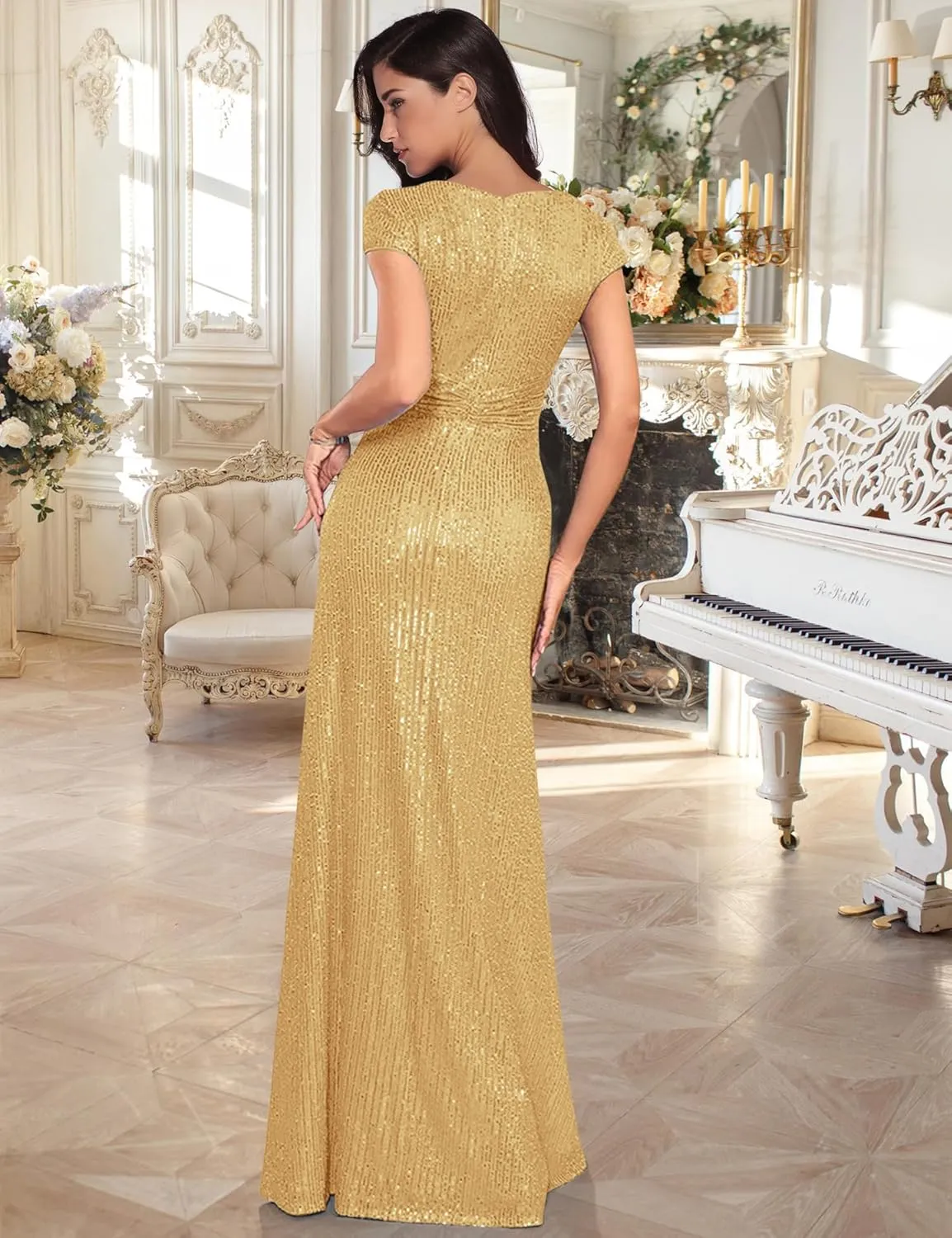 meilun Short Sleeve Sequin Dress for Women Formal Evening Gowns Sparkly V Neck 1920s Long Dress