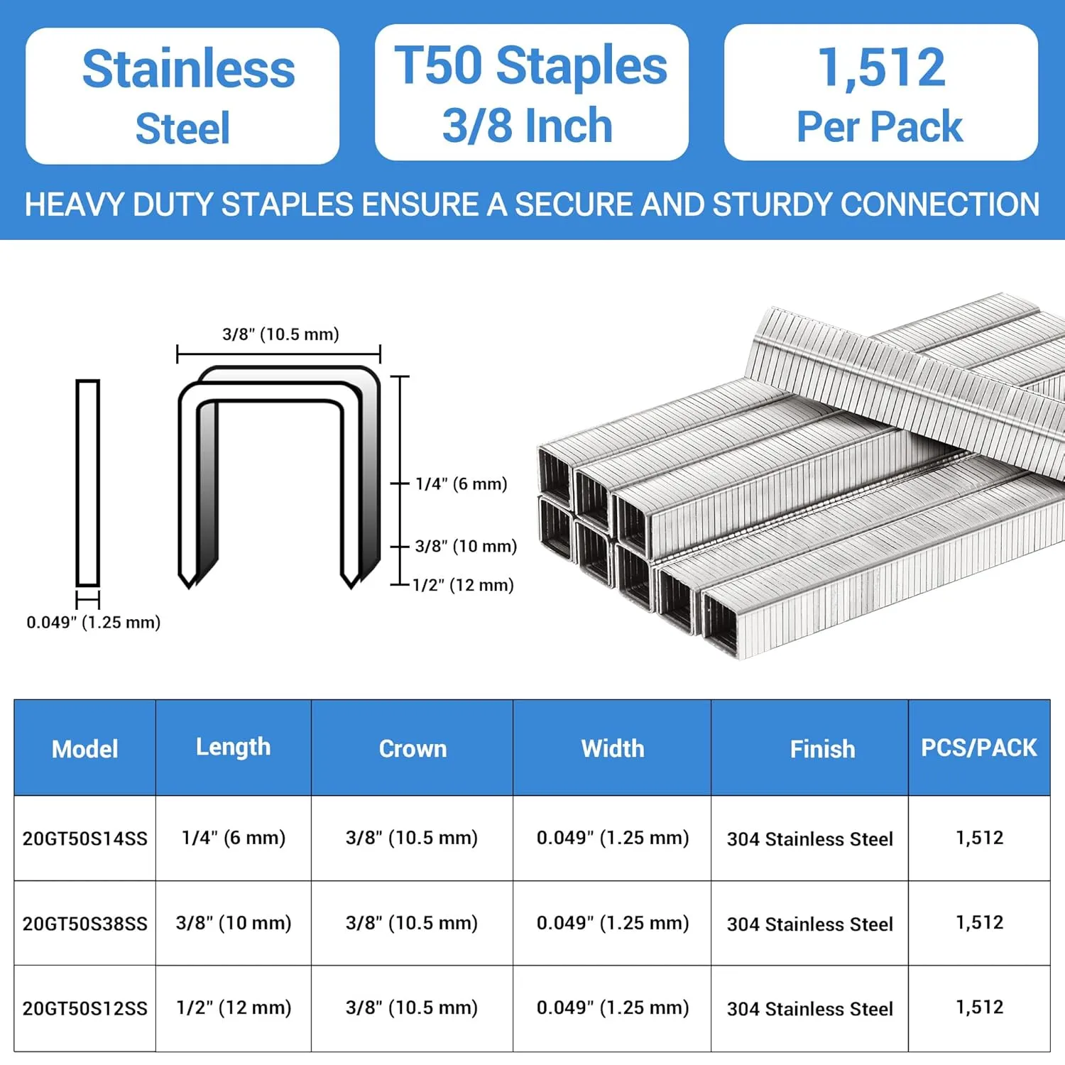 meite T50 Stainless Steel Staples Marine, 3/8 Inch Heavy Duty Staples for Staple Gun - 1512 Counts, 20 Gauge 3/8 Inch Crown T50 Upholstery Staple for Marine Applications