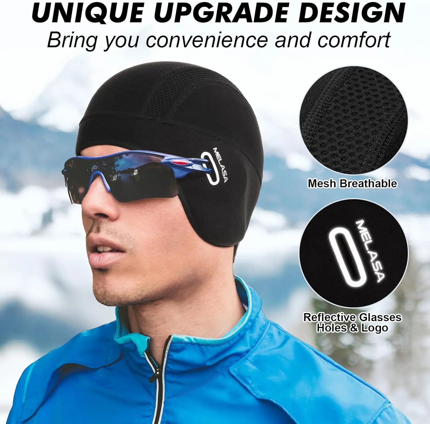 MELASA Thermal Fleece Skull Cap Beanie with Glasses Holes, Ear Warmer Helmet Liner, Winter Cycling Bike Hat for Men Women