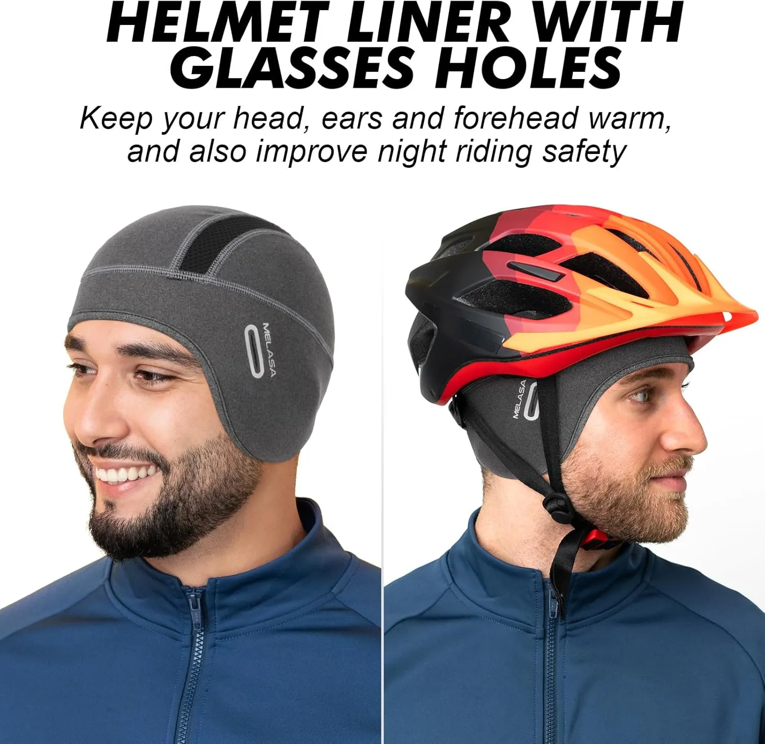 MELASA Thermal Fleece Skull Cap Beanie with Glasses Holes, Ear Warmer Helmet Liner, Winter Cycling Bike Hat for Men Women