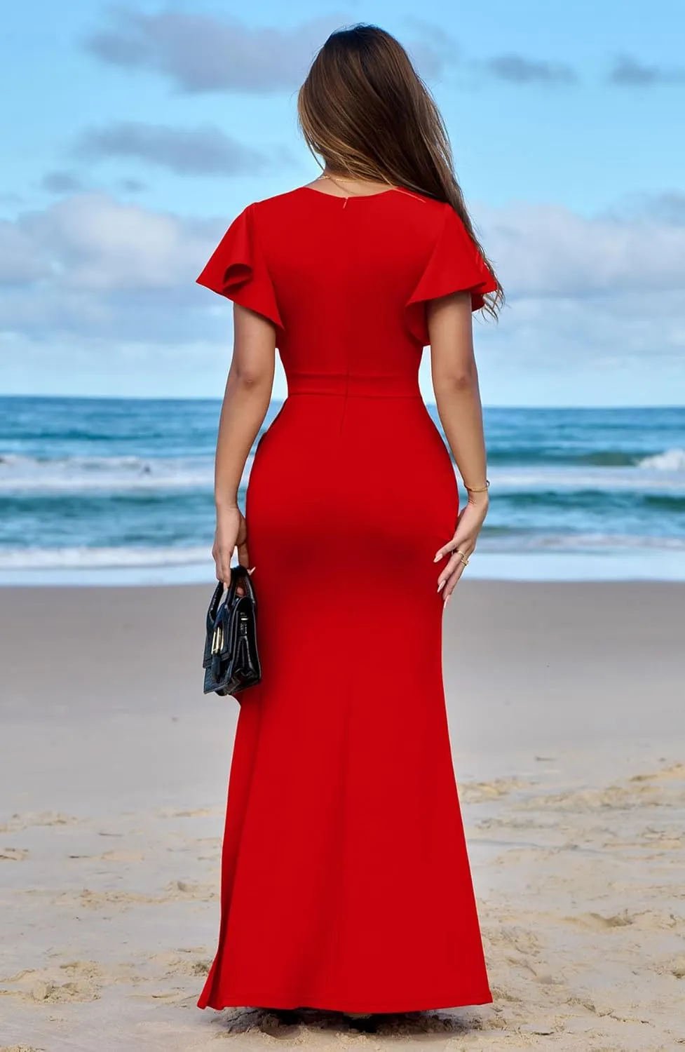 Memoriesea Women's Elegant High Split Ruched Bodycon Mermaid Evening Cocktail Maxi Dress