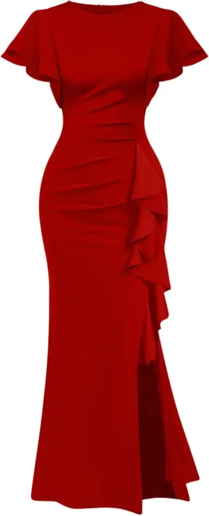 Memoriesea Women's Elegant High Split Ruched Bodycon Mermaid Evening Cocktail Maxi Dress