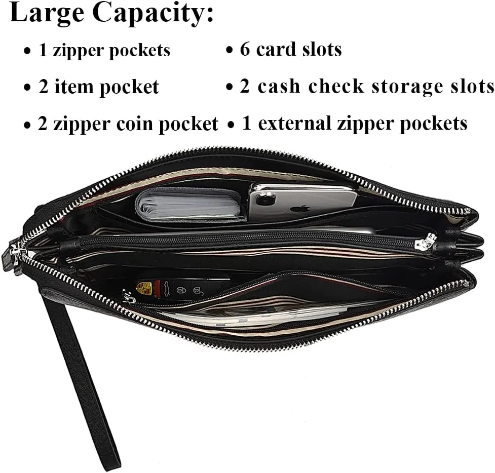 Men Clutch Purse Leather Wallets Wristlet Handbags Business Zipper Tote Bags, Black