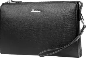 Men Clutch Purse Leather Wallets Wristlet Handbags Business Zipper Tote Bags, Black