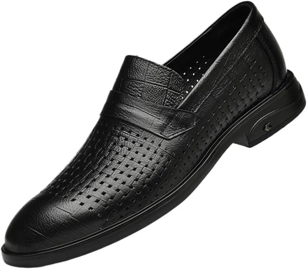 Men Spring Fashion Casual Leather Shoes Breathable Comfortable Hollow Pointed Toe Cowhide Top Layer Lightweight Walking Shoes