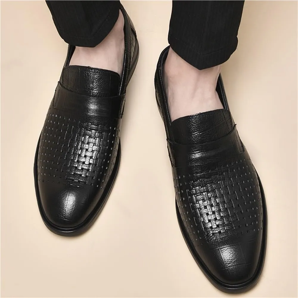 Men Spring Fashion Casual Leather Shoes Breathable Comfortable Hollow Pointed Toe Cowhide Top Layer Lightweight Walking Shoes