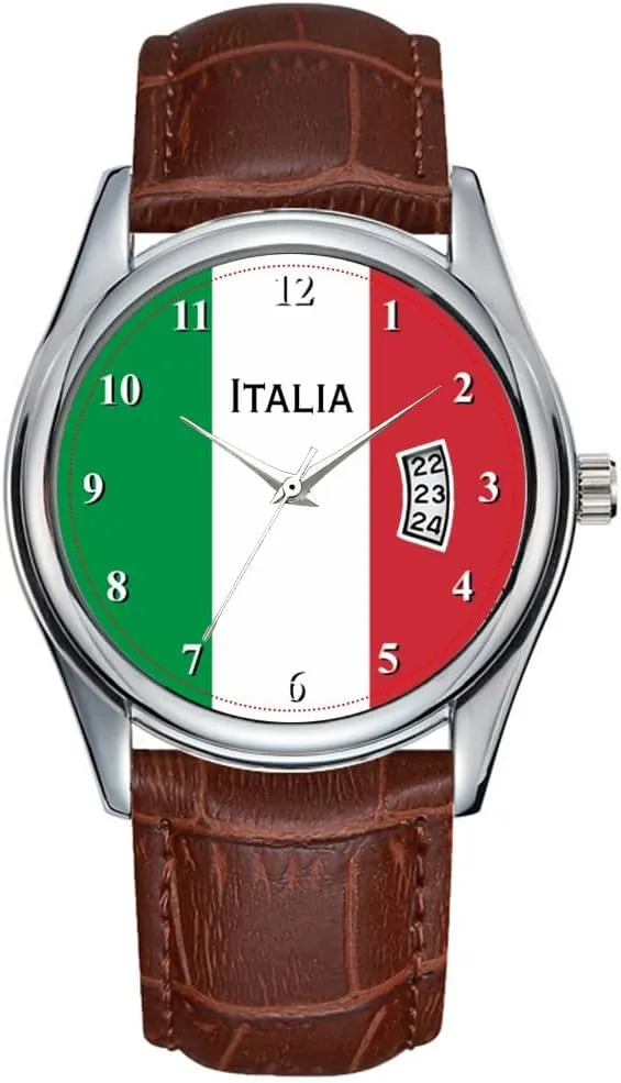 Men Watch Casual Waterproof Quartz Watches Clock Date Classic Business Brown Leather Christmas Wristwatch Italian Flag Wrist Watch for Men and Women