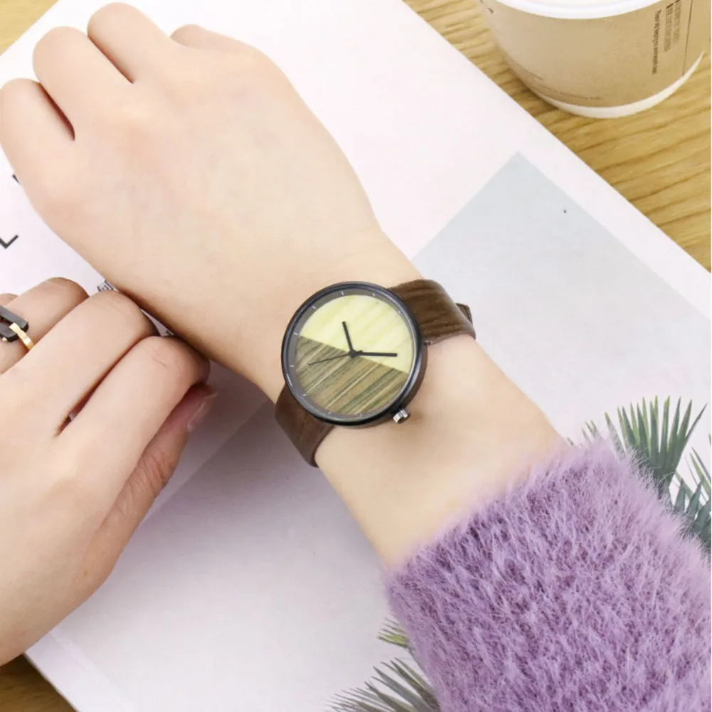 Men Women Couple Vintage Round Wood Grain Faux Leather Strap Quartz Wrist Watch