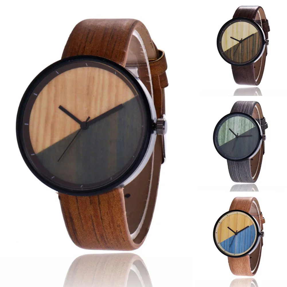 Men Women Couple Vintage Round Wood Grain Faux Leather Strap Quartz Wrist Watch