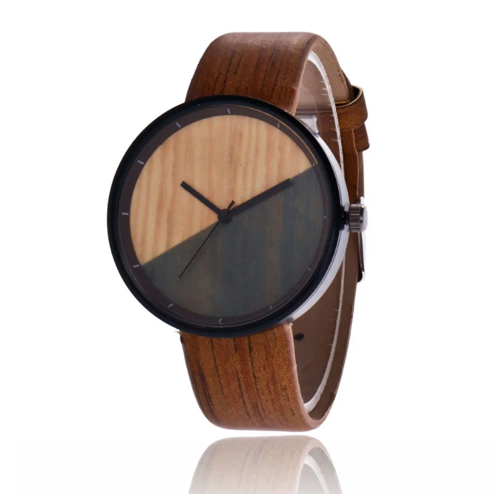 Men Women Couple Vintage Round Wood Grain Faux Leather Strap Quartz Wrist Watch