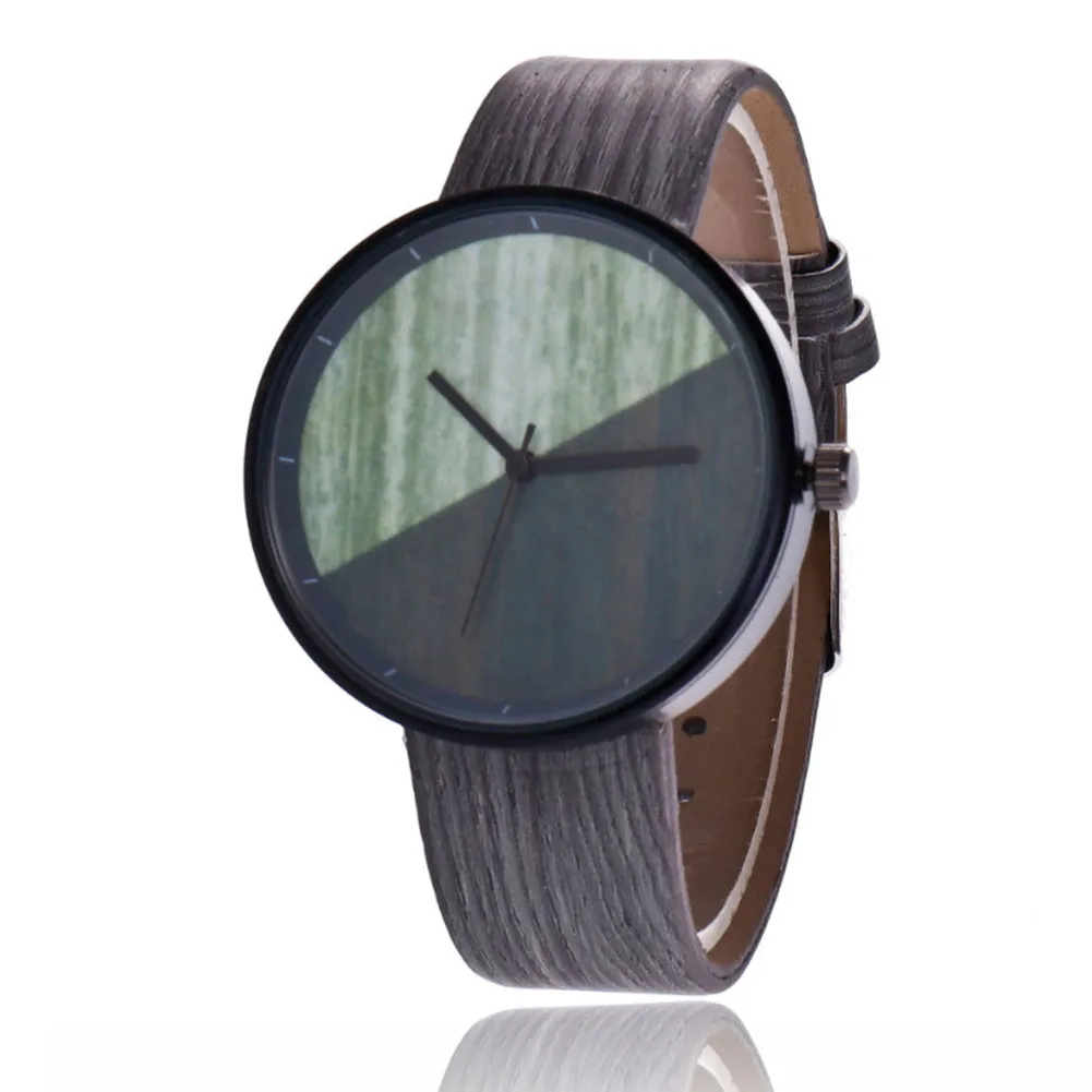 Men Women Couple Vintage Round Wood Grain Faux Leather Strap Quartz Wrist Watch