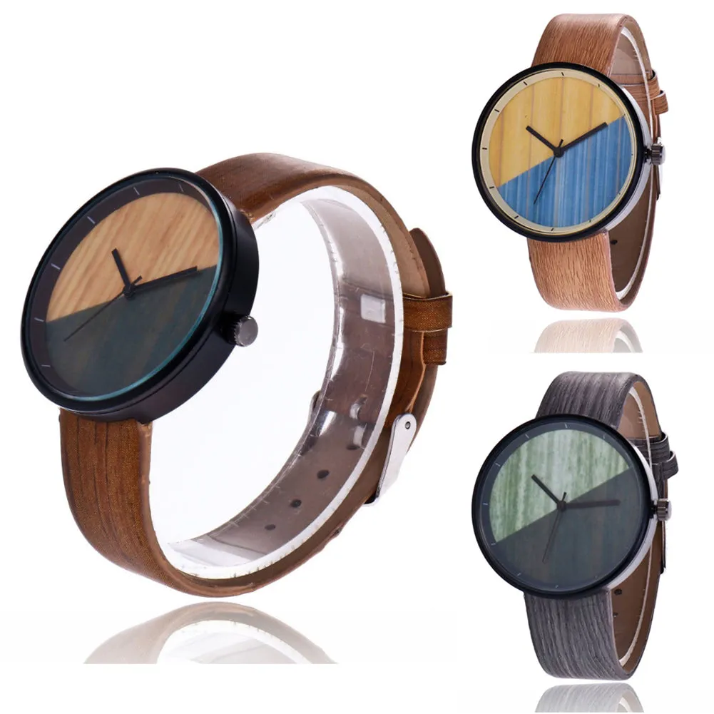 Men Women Couple Vintage Round Wood Grain Faux Leather Strap Quartz Wrist Watch