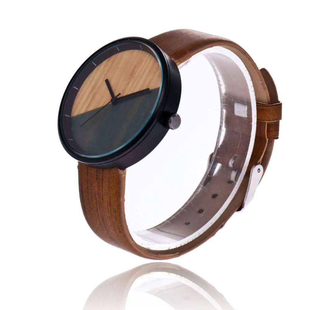 Men Women Couple Vintage Round Wood Grain Faux Leather Strap Quartz Wrist Watch