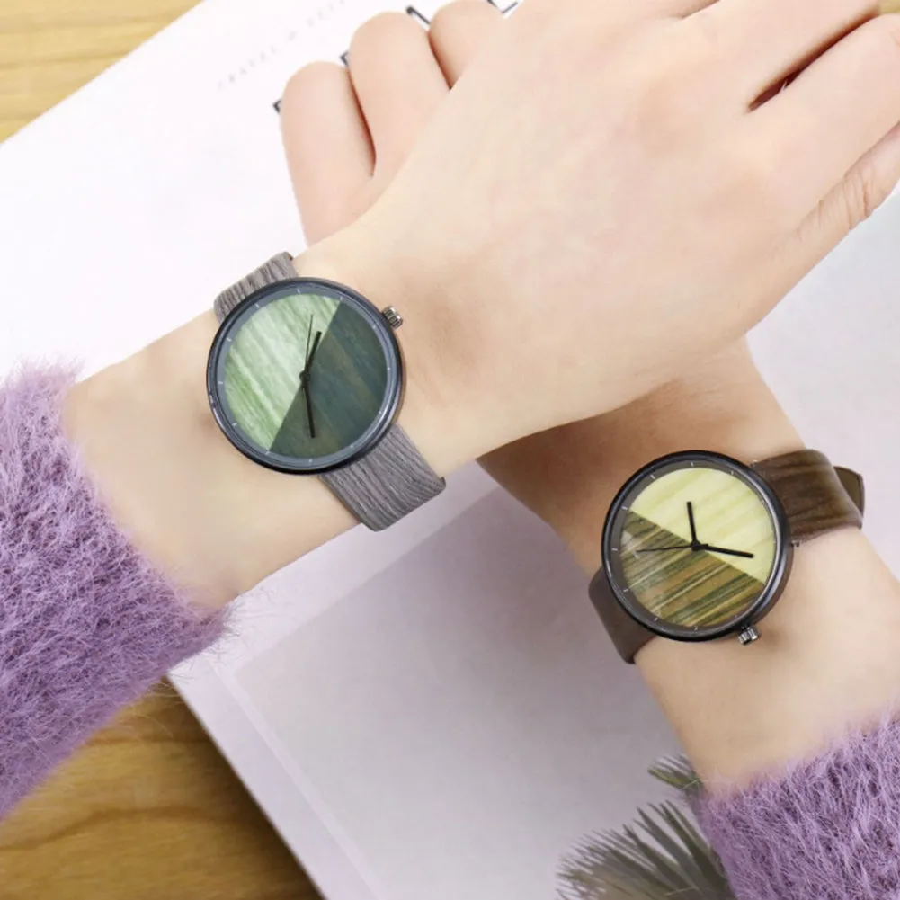 Men Women Couple Vintage Round Wood Grain Faux Leather Strap Quartz Wrist Watch