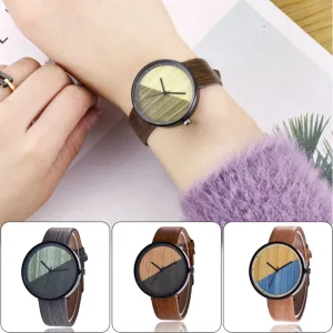 Men Women Couple Vintage Round Wood Grain Faux Leather Strap Quartz Wrist Watch