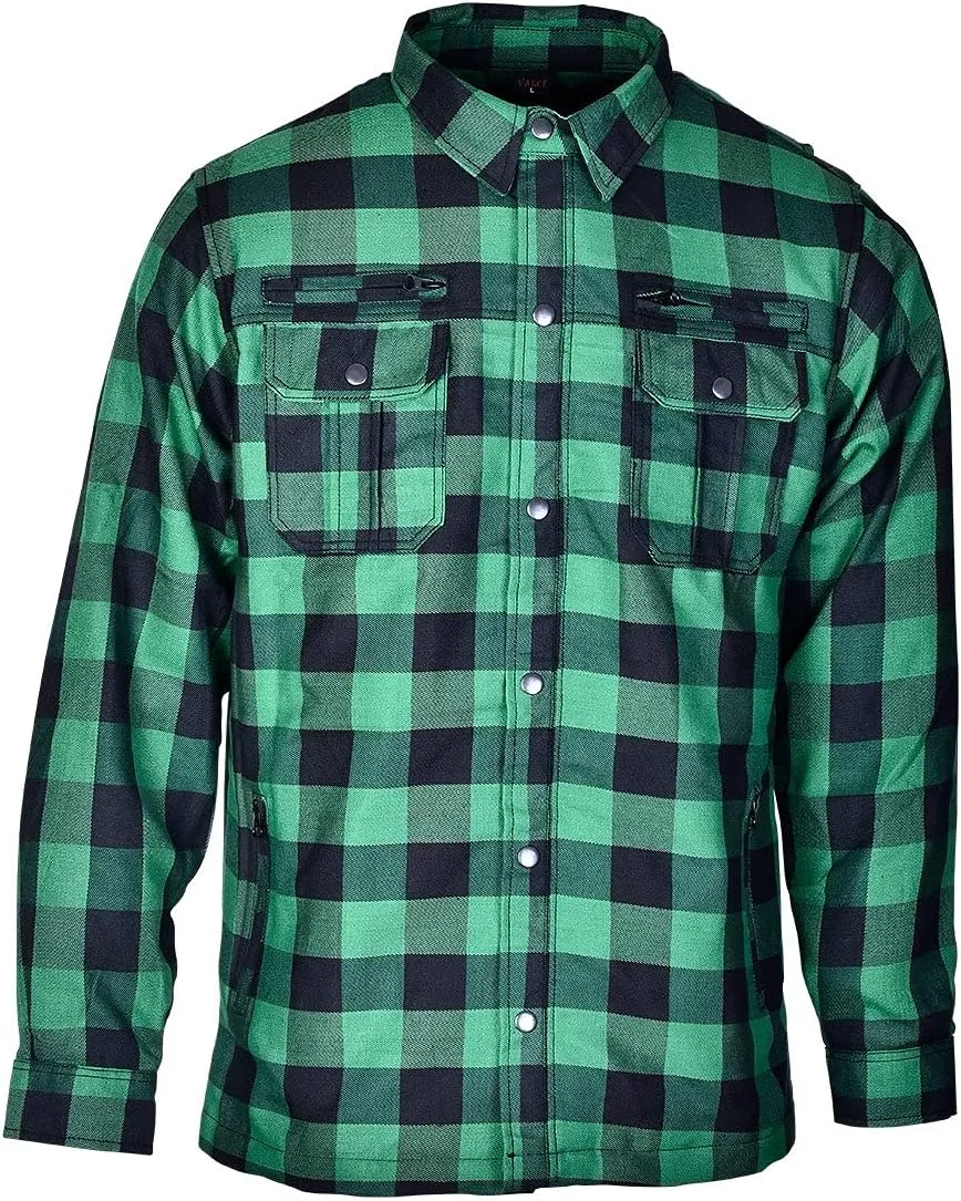 Mens Armored Checkered Flannel Biker Shirt, Multiple Waterproof Storage Pockets CE Approved Armor Reinforced Water Resistant