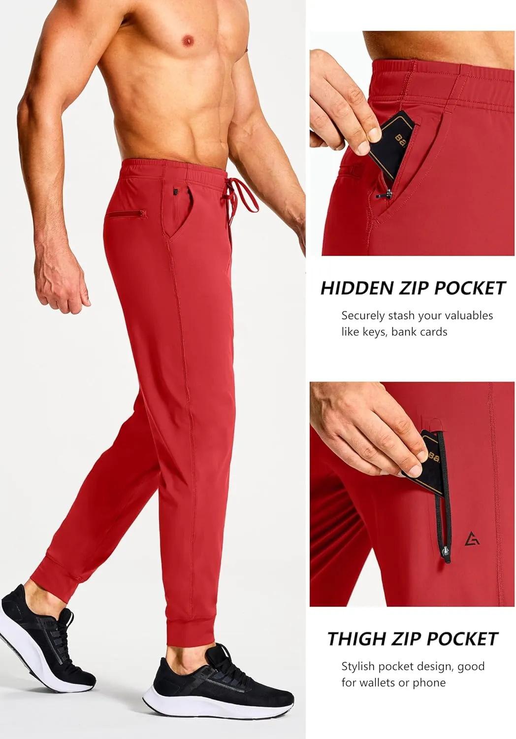 Men's Athletic Joggers Stretch Sweatpants with Zipper Pockets Running Workout Gym Track Golf Pants for Men