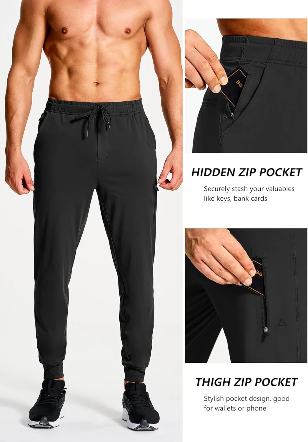 Men's Athletic Joggers Stretch Sweatpants with Zipper Pockets Running Workout Gym Track Golf Pants for Men