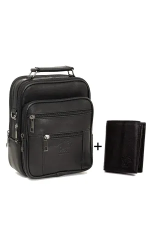 Men's Black Genuine Leather Steel Case Hand And Shoulder Bag And Genuine Leather Wallet Set 100% Genuine Leather