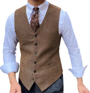 Men's Brown Herringbone Tweed Suit Vest Single Breasted Slim Fit Business Casual Wedding Waistcoat