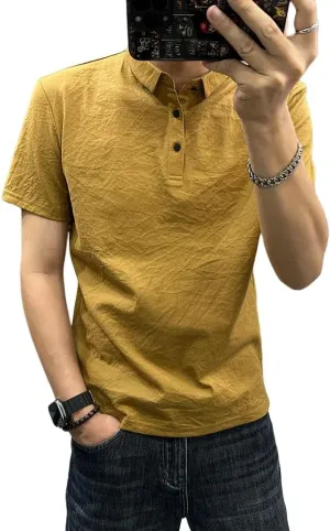 Men's Classic Solid Color Cotton Linen Short Sleeve Polo Shirt Breathable & Lightweight Casual Short Sleeve Summer Men's Top
