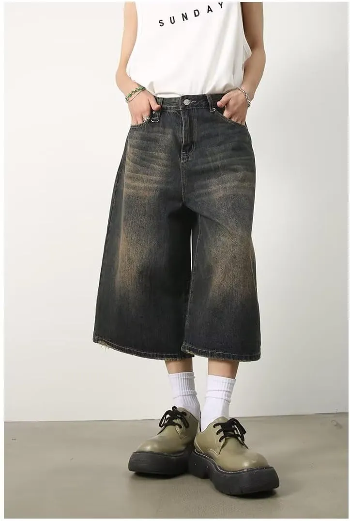 Mens Denim Shorts Summer Vintage Relaxed Fit Casual Wide Leg Jeans