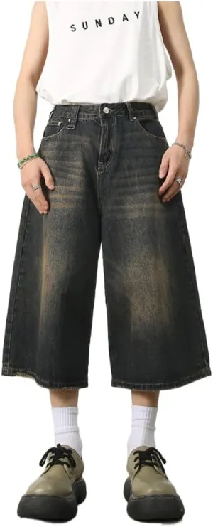Mens Denim Shorts Summer Vintage Relaxed Fit Casual Wide Leg Jeans