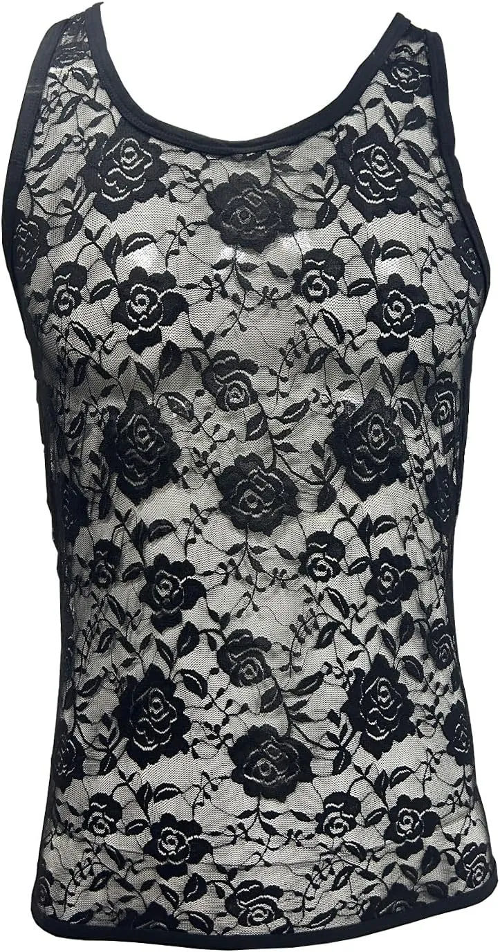 Men's Floral Lace Fitted Muscle Tank Tops Mesh Transparent Workout Vest Tshirt Underwear
