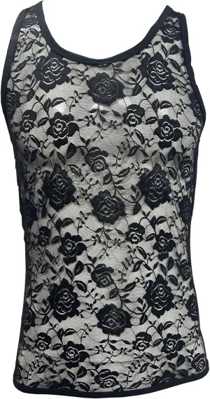 Men's Floral Lace Fitted Muscle Tank Tops Mesh Transparent Workout Vest Tshirt Underwear