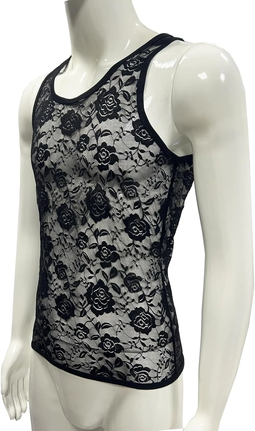 Men's Floral Lace Fitted Muscle Tank Tops Mesh Transparent Workout Vest Tshirt Underwear
