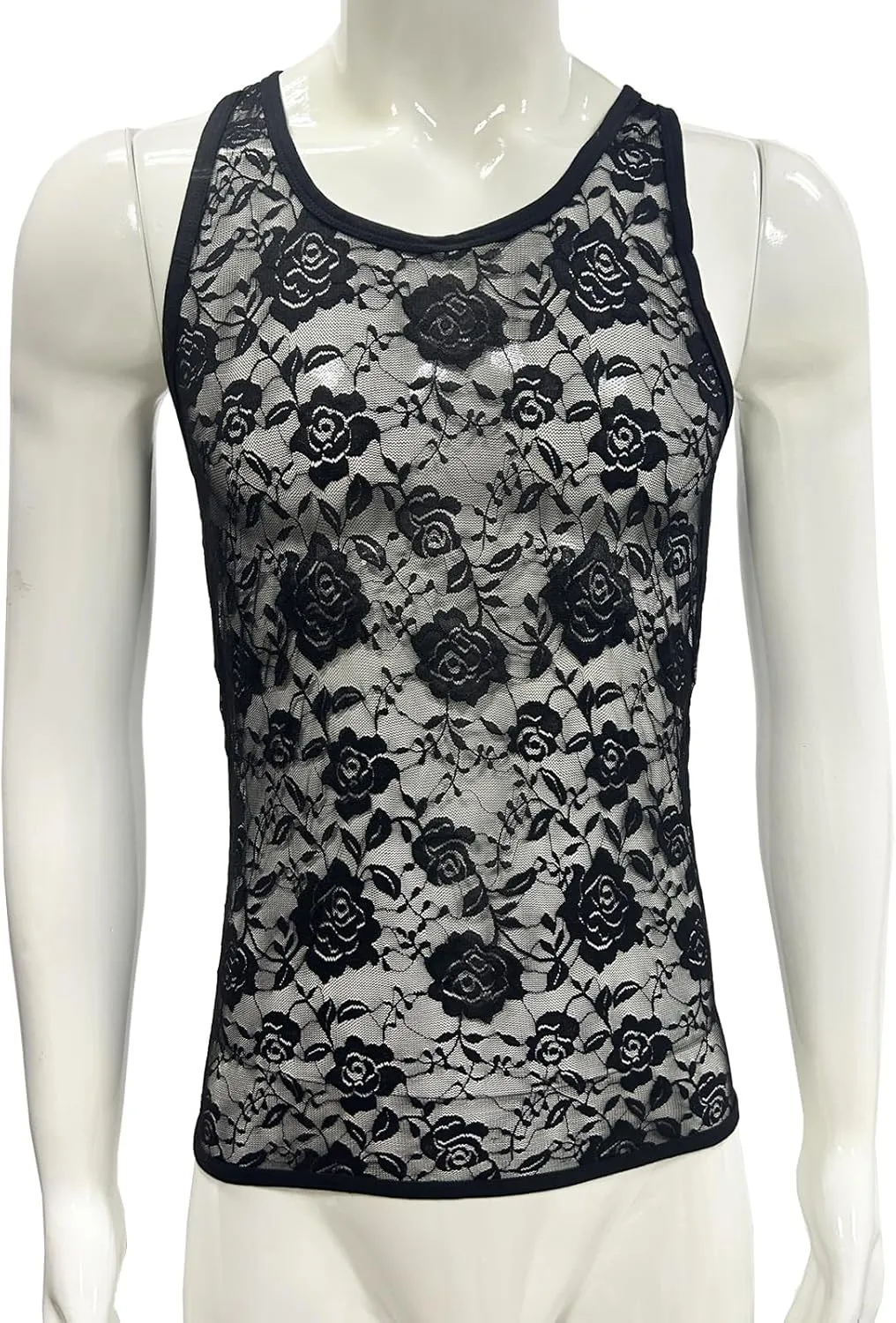 Men's Floral Lace Fitted Muscle Tank Tops Mesh Transparent Workout Vest Tshirt Underwear