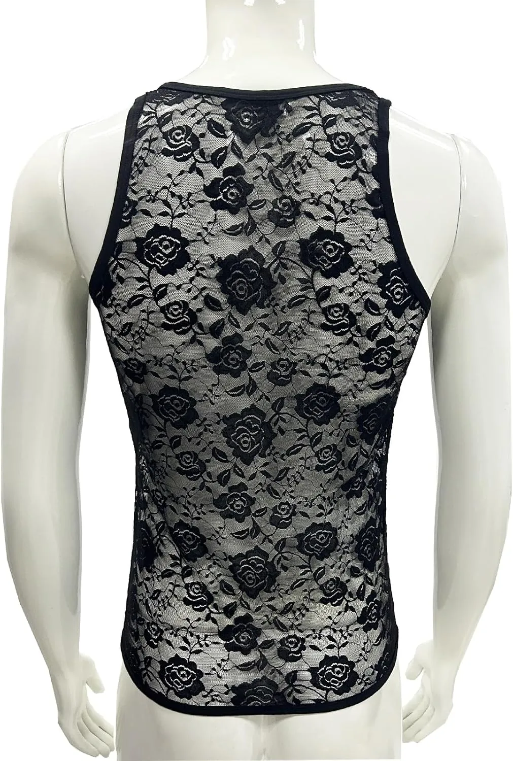 Men's Floral Lace Fitted Muscle Tank Tops Mesh Transparent Workout Vest Tshirt Underwear