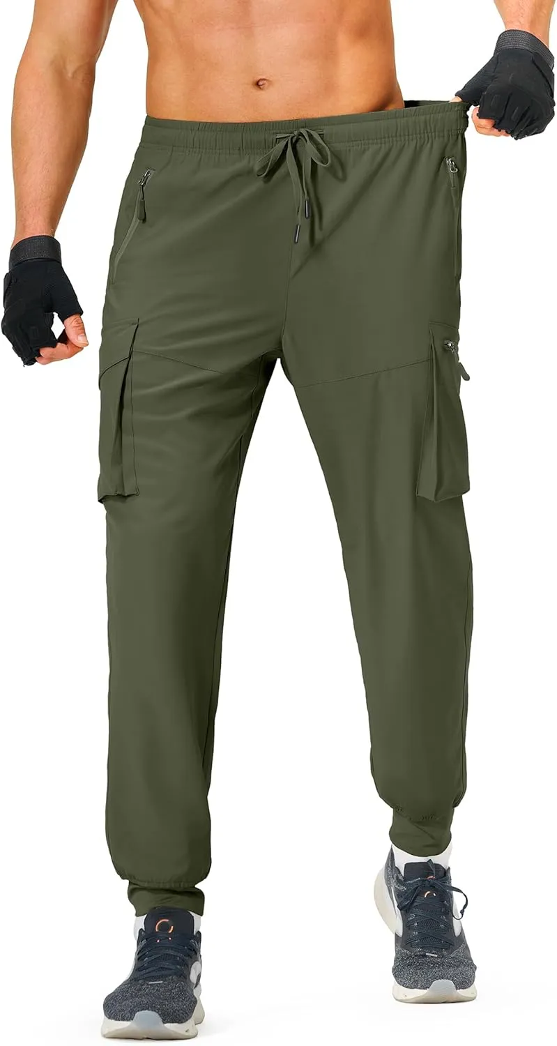 Men's Hiking Pants Cargo Lightweight Quick Dry Elastic Waist Golf Joggers with Zipper Pockets Water Resistant