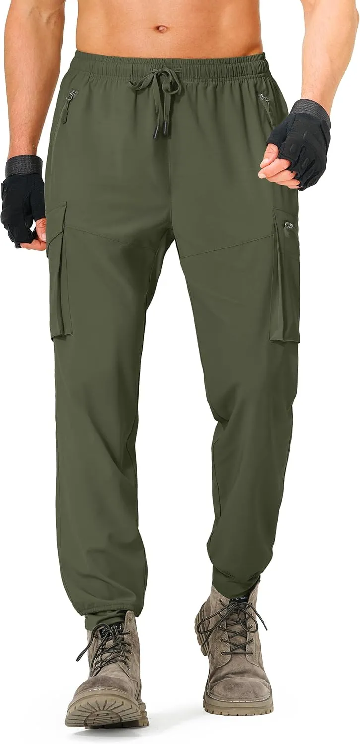 Men's Hiking Pants Cargo Lightweight Quick Dry Elastic Waist Golf Joggers with Zipper Pockets Water Resistant