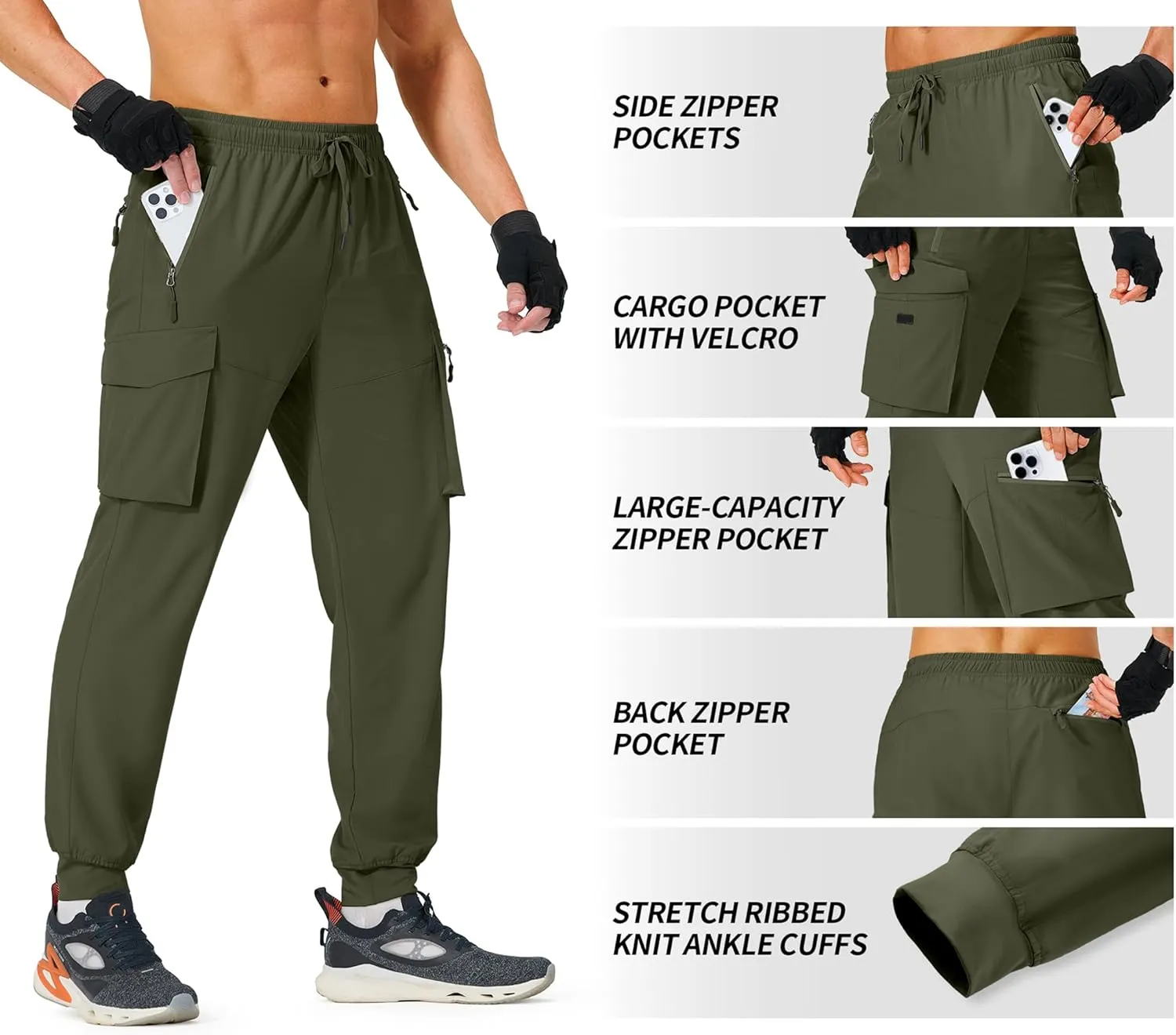Men's Hiking Pants Cargo Lightweight Quick Dry Elastic Waist Golf Joggers with Zipper Pockets Water Resistant