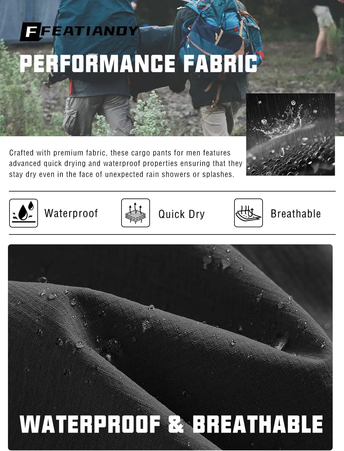 Men's Lightweight Hiking Pants Quick Dry Waterproof Stretch Travel Fishing Camping Work Cargo Pants Zipper Pockets