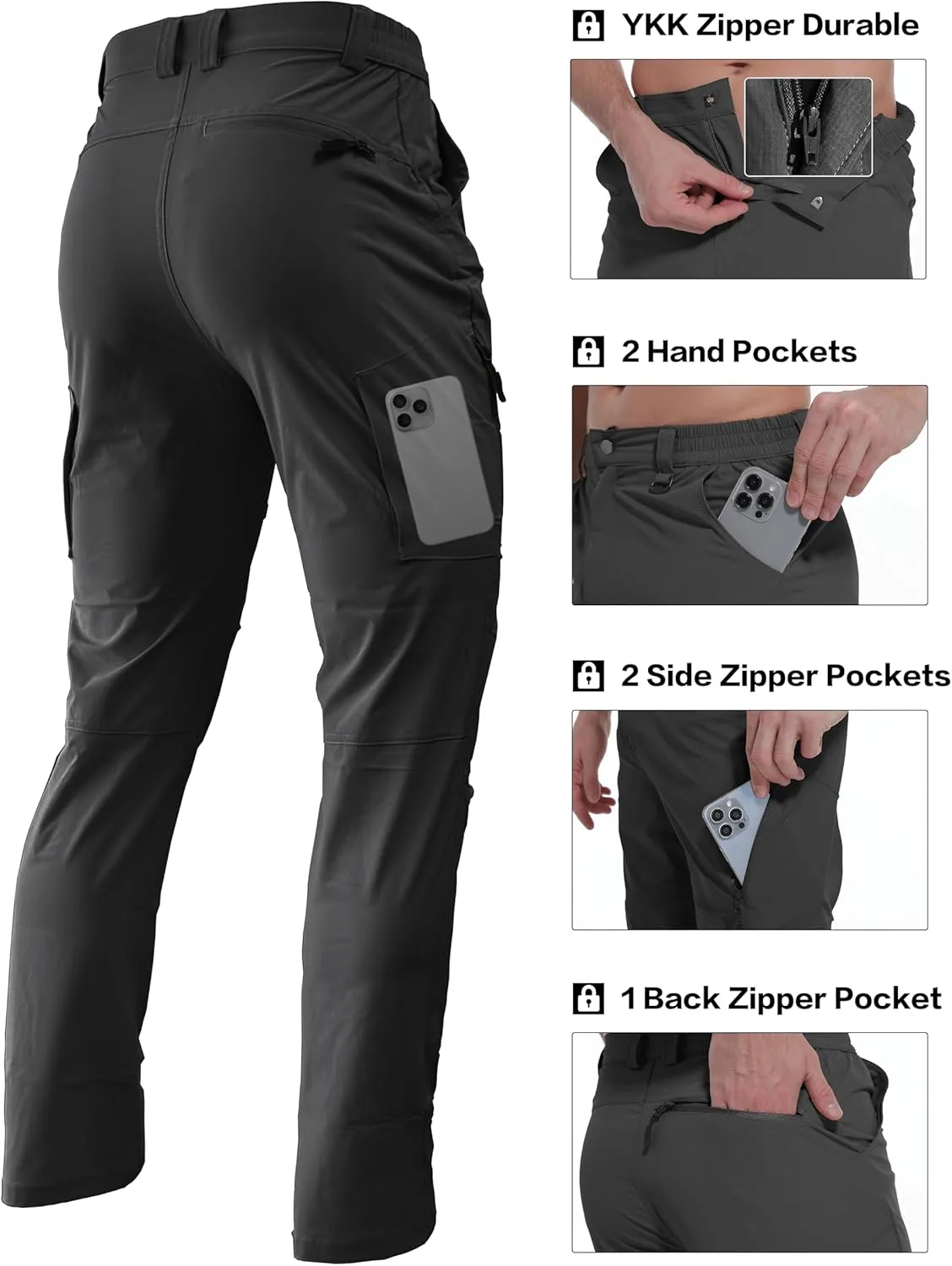 Men's Lightweight Hiking Pants Quick Dry Waterproof Stretch Travel Fishing Camping Work Cargo Pants Zipper Pockets