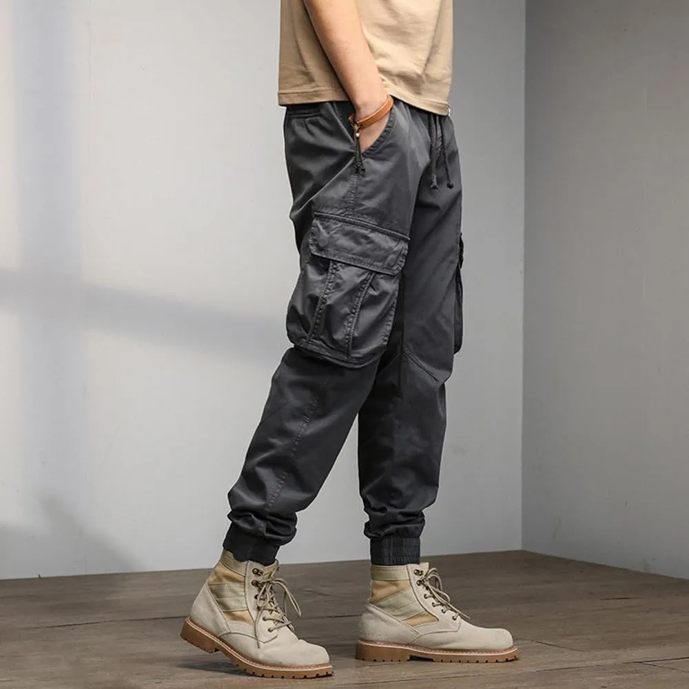 Men's Military Cargo Pants Drawstring Cotton Multi Pockets Regular Fit Work Pants