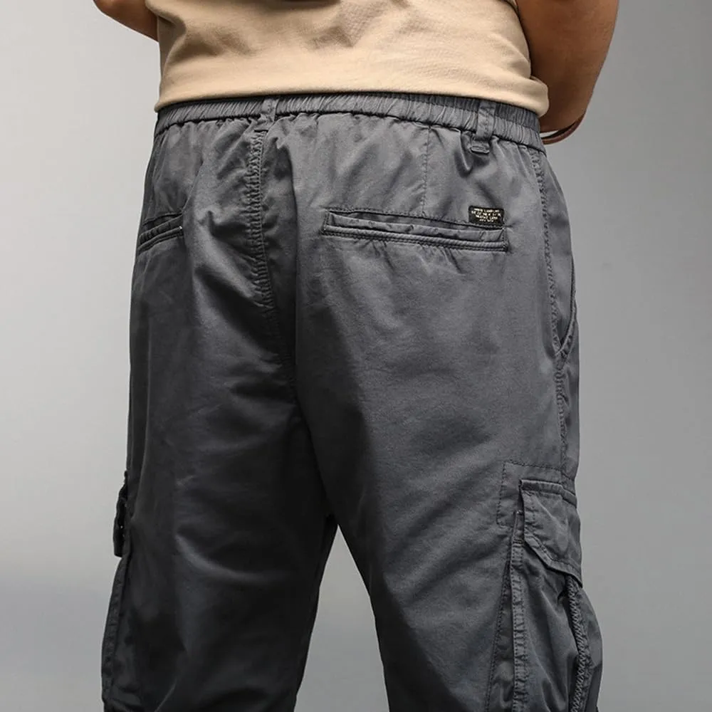 Men's Military Cargo Pants Drawstring Cotton Multi Pockets Regular Fit Work Pants