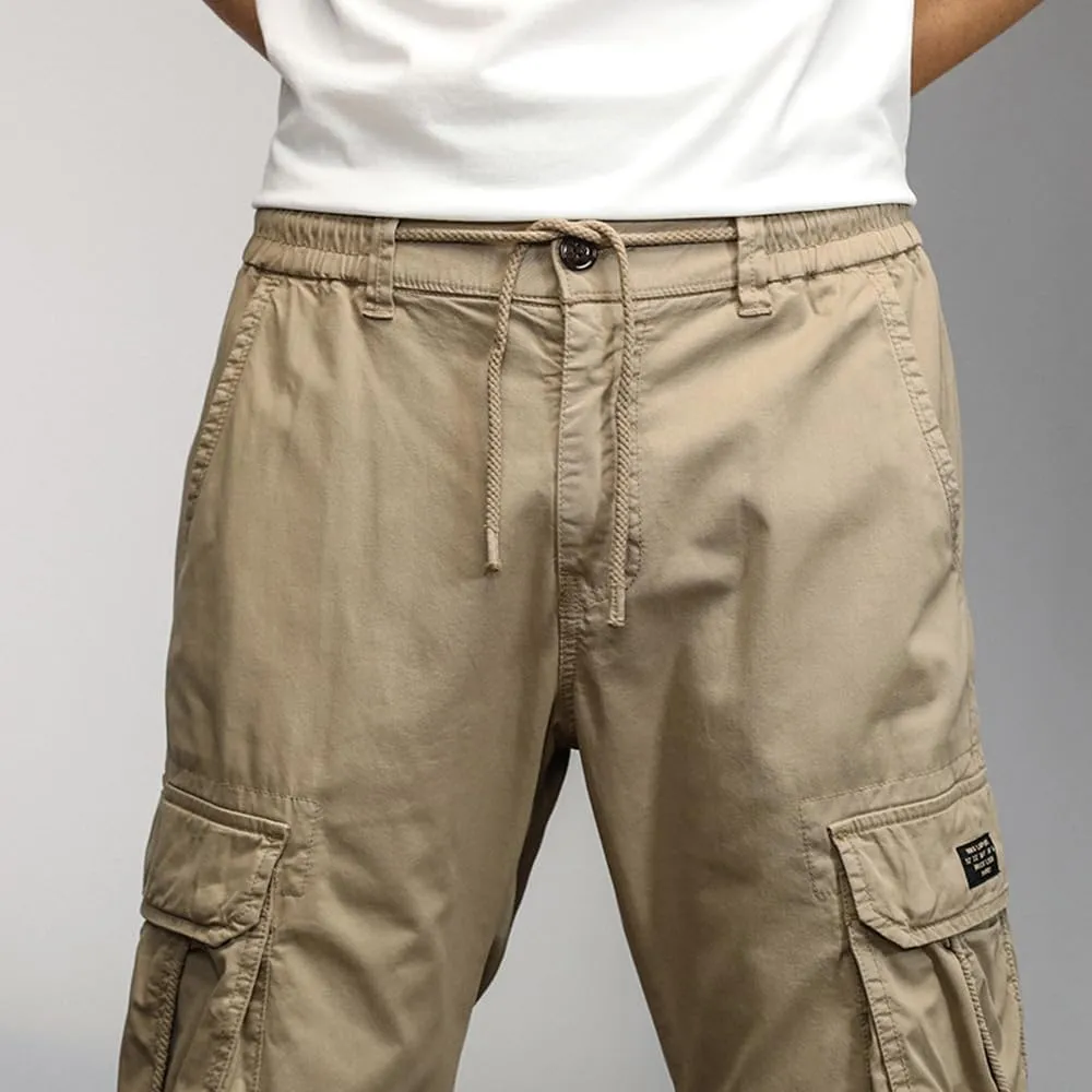 Men's Military Cargo Pants Drawstring Cotton Multi Pockets Regular Fit Work Pants