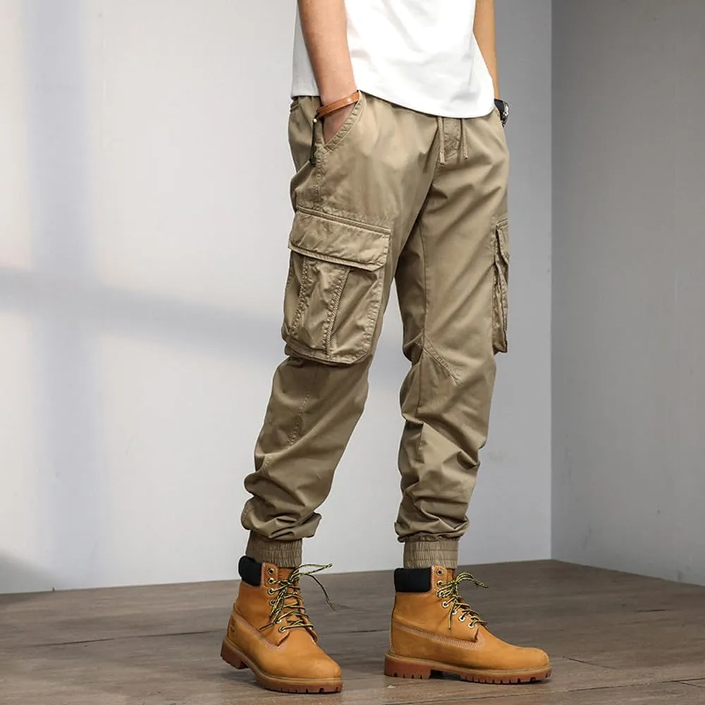 Men's Military Cargo Pants Drawstring Cotton Multi Pockets Regular Fit Work Pants