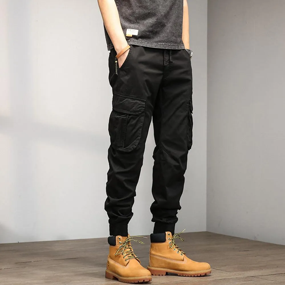 Men's Military Cargo Pants Drawstring Cotton Multi Pockets Regular Fit Work Pants