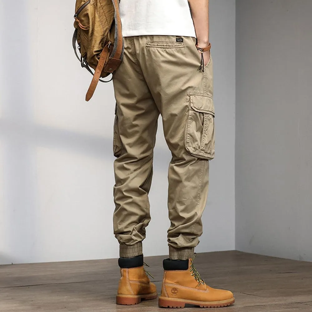 Men's Military Cargo Pants Drawstring Cotton Multi Pockets Regular Fit Work Pants