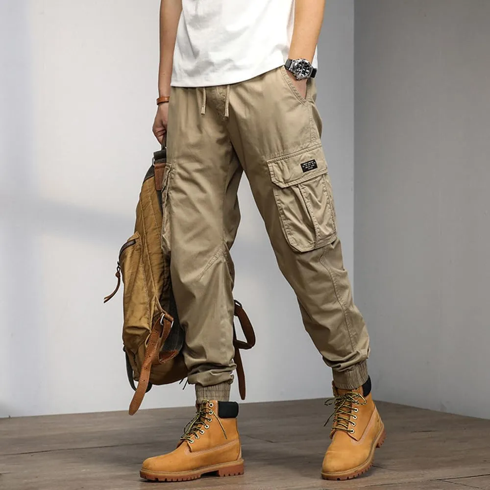 Men's Military Cargo Pants Drawstring Cotton Multi Pockets Regular Fit Work Pants